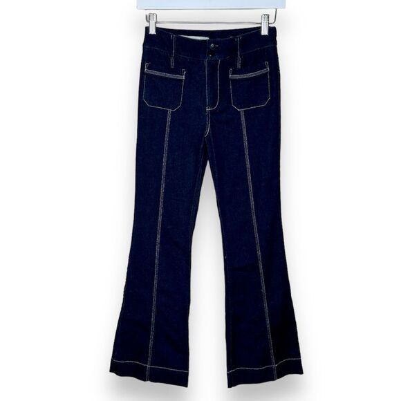 Pilcro Anthropologie High Rise Flare Blue Denim Jeans Contrast Stitch Women 24 P - Picture 1 of 16